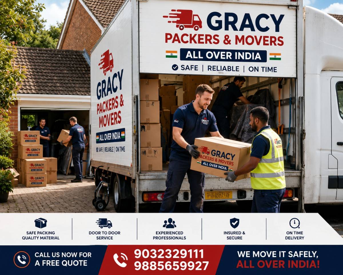 Movers loading grey sofa and furniture into moving truck