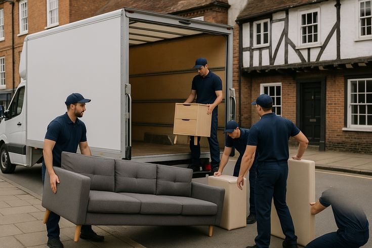 Movers loading grey sofa and furniture into moving truck